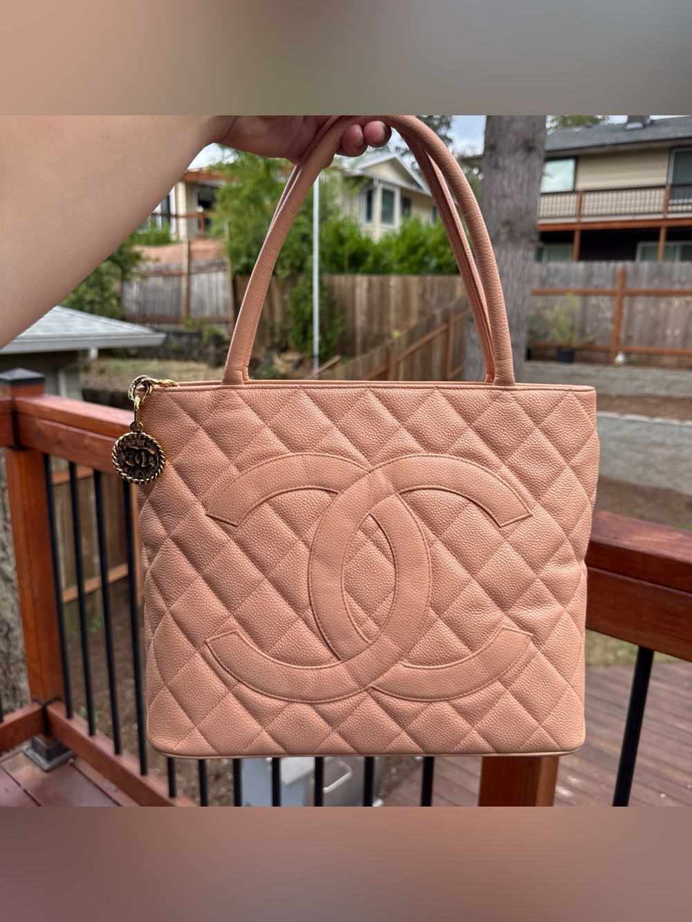 Chanel Peach Caviar Medallion Zip Tote Gold Hardware